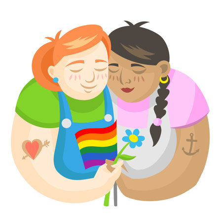 LGBT Girls in love holding rainbow flag and flower - vector illustration. LGBT pride Gay and lesbian conceptのイラスト素材
