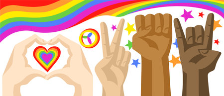 Various skin colors hands in different poses with LGBT rainbow flag and colorful symbols on the background. LGBT pride Gay and lesbian conceptのイラスト素材