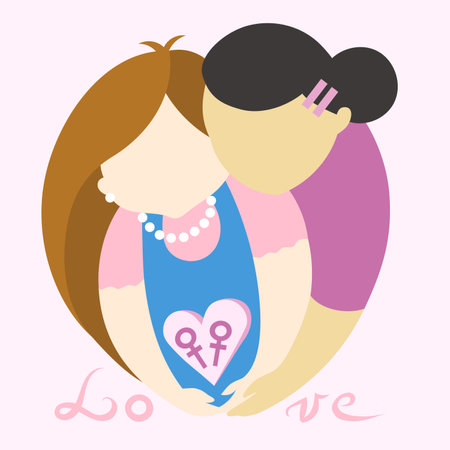 Lesbian girls in love holding female signs in heart on pink background - simple vector illustration. LGBT pride Gay and lesbian conceptのイラスト素材
