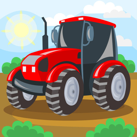 Red tractor on field during cultivation work - vector image. Agriculture and rural conceptのイラスト素材