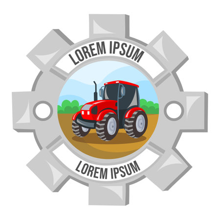 Logo for agriculture company. Red tractor on field during cultivation work inside cogwheel - vector image. Agriculture and rural conceptのイラスト素材