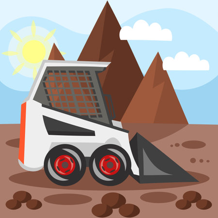 loader on building plot during landscaping, construction and digging works with mountains on background - vector image. construction equipment conceptのイラスト素材