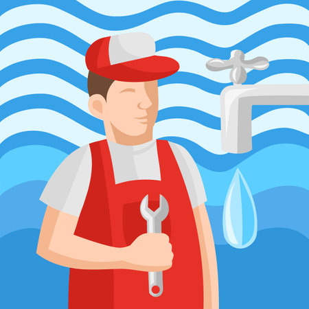 Plumber in uniform with wrench during plumbing service works with water on background - vector image. Different profession conceptのイラスト素材