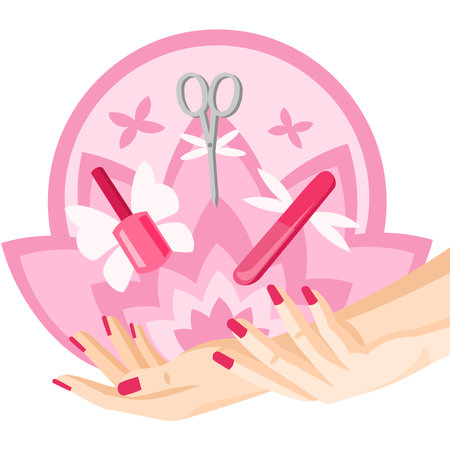 Manicure logo for nail art salon vector image. Two hands holding each other, nail polish bottle, manicure scissors nail file flying with wings above hands with the background of pink flower figureのイラスト素材