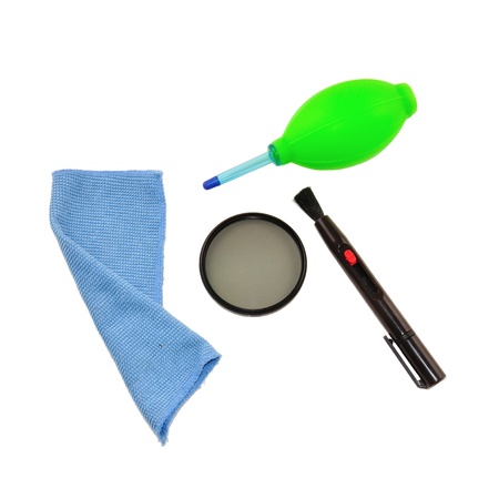circular polarized filter and camera cleaning set isolated on whiteの写真素材
