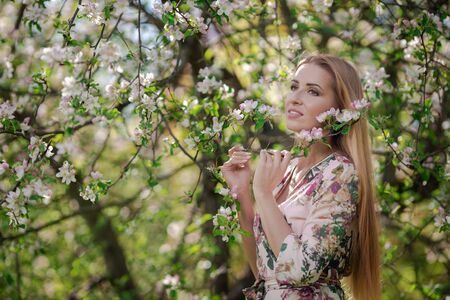 Blond girl with long hair in spring blooming apple orchardの写真素材