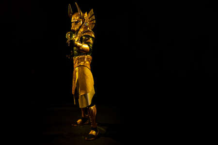 a male actor in a suit of an Egyptian mythology character, the golden deity Jackal Anubis, twists buugeng in yellow light on a black backgroundの写真素材