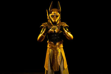 a male actor in a suit of an Egyptian mythology character, the golden deity Jackal Anubis, twists buugeng in yellow light on a black backgroundの写真素材