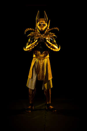 a male actor in a suit of an Egyptian mythology character, the golden deity Jackal Anubis, twists buugeng in yellow light on a black backgroundの写真素材