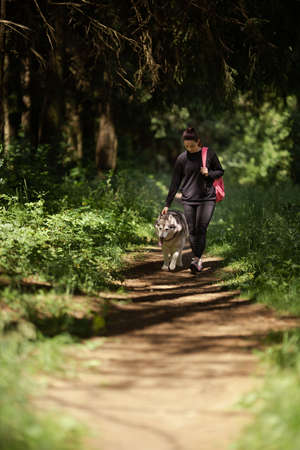 A young brunette girl goes in for sports, runs in the forest with a gray dog â€‹â€‹of the...
