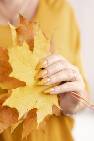 Female hand with long nails and a bottle of bright dark yellow nail polishの写真素材