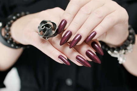 Woman's hands with long nails and a bottle of dark red bordo nail polish