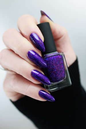Female hand with long nails and purple plum manicure holds a bottle of nail polish