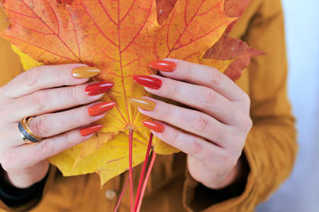Female hand with long nails and a bottle of bright red orange yellow nail polishの写真素材