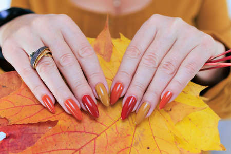 Female hand with long nails and a bottle of bright red orange yellow nail polishの写真素材