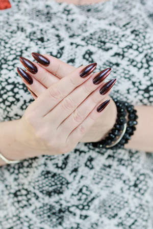 Female hands with long nails and black and red nail polishの写真素材