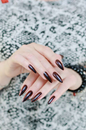 Female hands with long nails and black and red nail polishの写真素材