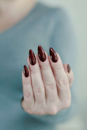 Female hands with long nails and dark red nail polishの写真素材