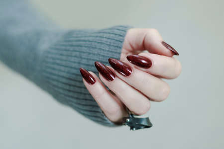 Female hands with long nails and dark red nail polishの写真素材