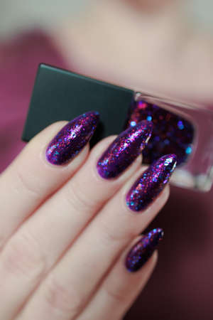 Female hand with long nails and purple plum manicure holds a bottle of nail polish