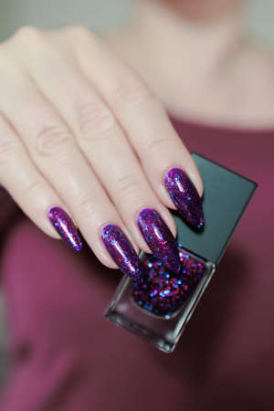 Female hand with long nails and purple plum manicure holds a bottle of nail polish