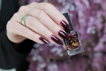Woman hand with long nails and a bottle of dark plum burgundy nail polish