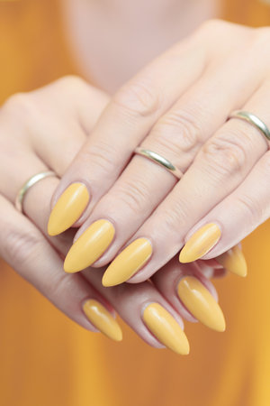 Female hand with long nails and a pale yellow manicure hold bottles of nail polishの写真素材