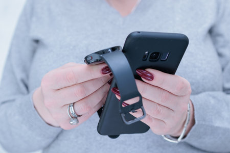 Woman's hands holding a smartphone and Digital Watch