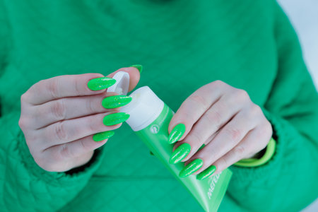Women's hands hold a tube of hand cream