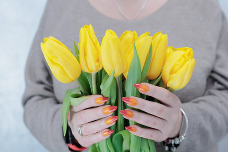 Women's hands hold flowers, a bouquet of yellow tulipsの写真素材