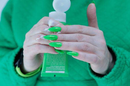 Women's hands hold a tube of hand creamの写真素材