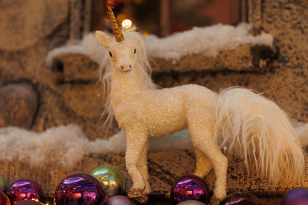 Background for design. New Year's decorations, toys and garlands in fabulous settings.の写真素材