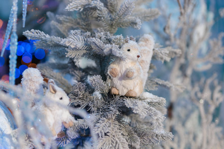 New Year's decorations, toys and garlands in fabulous settings. Toy animals for children in a public place.の写真素材