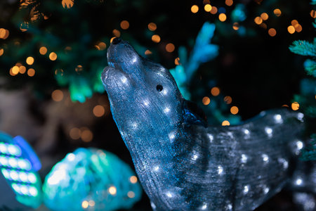 New Year's decorations, toys and garlands in fabulous settings. Toy animals for children in a public place.の写真素材