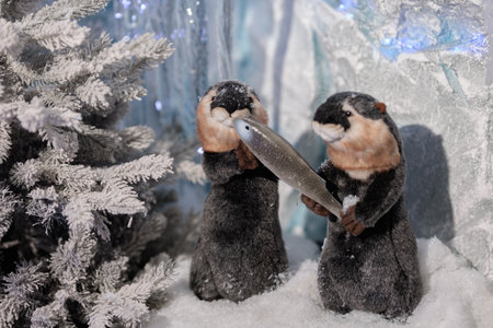 New Year's decorations, toys and garlands in fabulous settings. Toy animals for children in a public place.の写真素材