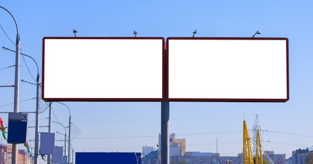 Background for design, white billboards on city streets and along roadsの写真素材