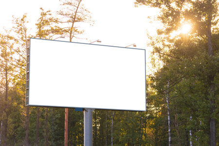 Background for design. Advertising billboard along the road in the city on an autumn sunny eveningの写真素材