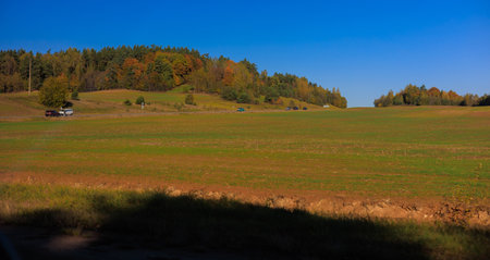 Road shoulder on a sunny autumn day. Views of the landscape from the car window.の写真素材