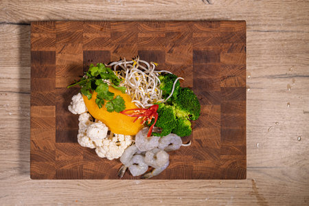 Cooking a dish, vegetables with shrimp and saucesの写真素材