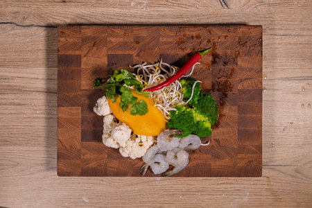 Cooking a dish, vegetables with shrimp and saucesの写真素材