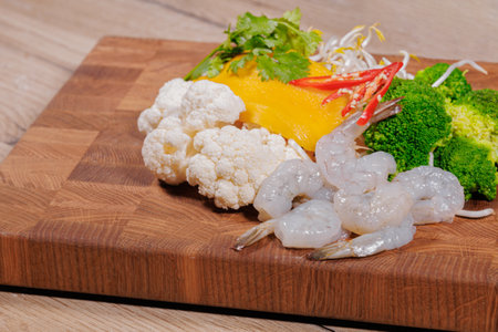 Cooking a dish, vegetables with shrimp and saucesの写真素材