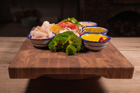 Cooking a dish, vegetables with shrimp and saucesの写真素材