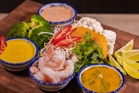 Cooking a dish, vegetables with shrimp and saucesの写真素材
