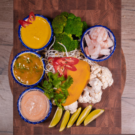 Cooking a dish, vegetables with shrimp and saucesの写真素材