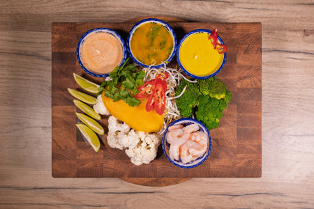 Cooking a dish, vegetables with shrimp and saucesの写真素材