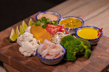 Cooking a dish, vegetables with shrimp and saucesの写真素材