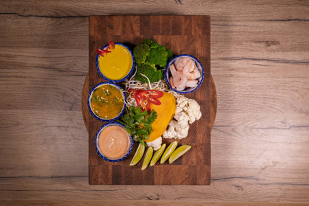 Cooking a dish, vegetables with shrimp and saucesの写真素材
