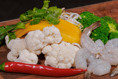 Cooking a dish, vegetables with shrimp and saucesの写真素材