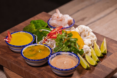 Cooking a dish, vegetables with shrimp and saucesの写真素材