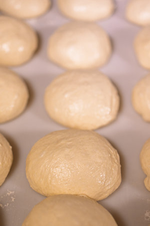 round buns made of white flour dough, baking preparationの写真素材